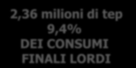 PRODUZIONE DI ENERGIA DA FER 2012 2,36 milioni di tep 9,4% 30% Biomasse DEI CONSUMI 6% Biogas FINALI LORDI 1% 30% Solare Biomasse termico 11% Bioliquidi 6% Biogas 1% Solare termico 5% Rifiuti 11%