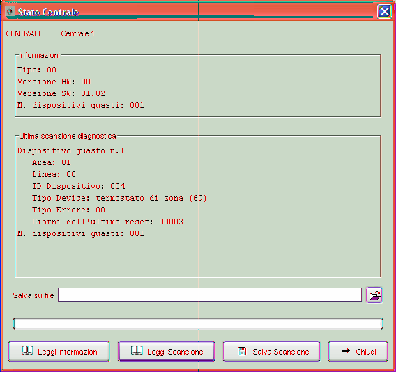 Test Sistemi I dati letti vengono visualizzati nel campo Ultima scansione diagnostica della finestra corrente nel quale vengono riportati il dettaglio di ciascun dispositivo guasto ed il numero