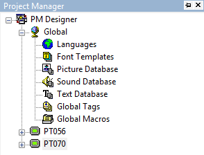 ..) PT056/PT070: pannelli presenti all'interno del progetto, ognuno di essi avrà la sua configurazione (Links,Screen,Tag,Macros