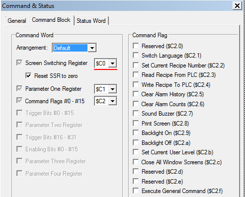 Cambio pagina da PLC Selezionare Command & Status dal Project manager Definire nel campo Read Address la Word di referimento per la command Block e la Size (1 word $C0 ~ $C2 che