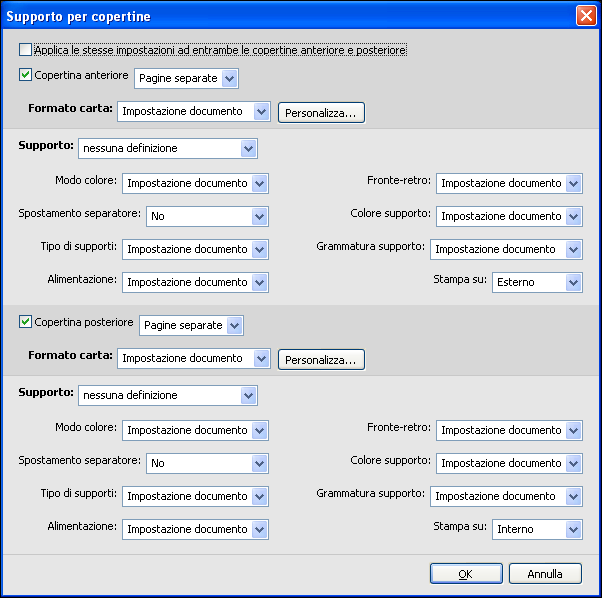 COMMAND WORKSTATION 22 PER DEFINIRE LE IMPOSTAZIONI PER I SUPPORTI DELLE COPERTINE 1 Nella finestra di dialogo Supporti misti, fare clic su Definisci copertina.