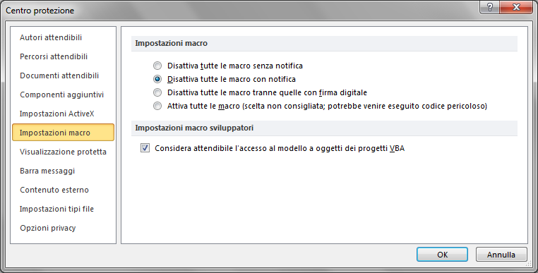 IMPOSTAZIONI DI SICUREZZA CONSIGLIATE Quando si utilizza il file di installazione mage3 v2014 installer.xls, è possibile attivare consentire manualmente l esecuzione delle macro.