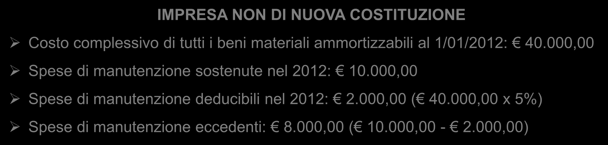 SPESE DI MANUTENZIONE IMPRESA NON DI NUOVA COSTITUZIONE Costo complessivo di tutti i beni materiali ammortizzabili al 1/01/2012: 40.000,00 Spese di manutenzione sostenute nel 2012: 10.