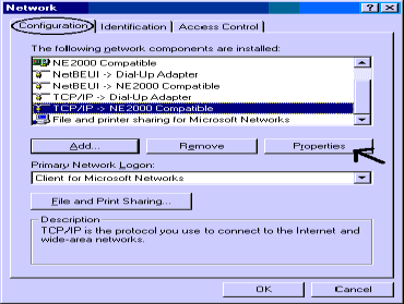 3.1.1 Configurazione del PC in Windows 95/98/ME 1. Andare in Start/Settings/Control Panel. Cliccare 2 volte su Network e scegliere Configuration. 2. Selezionare TCP/IP ->NE2000 Compatible, o qualsiasi Network Interface Card (NIC) del PC.