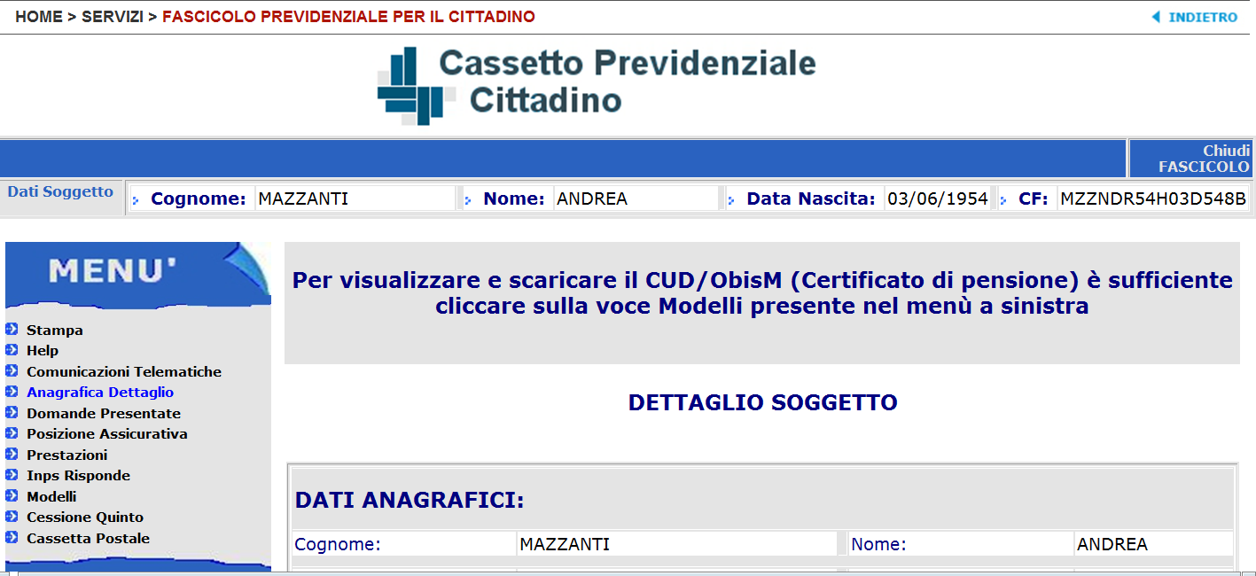Cassetto previdenziale cittadino Cliccare su una