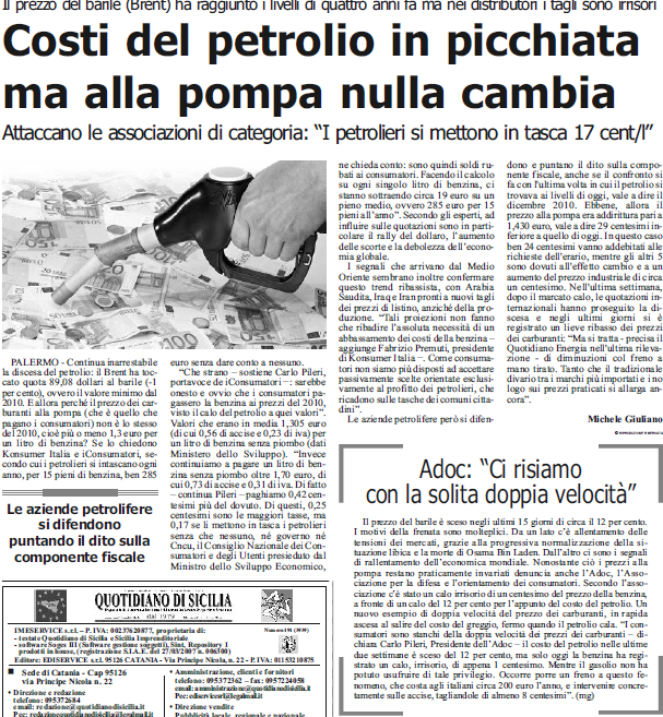 QUOTIDIANO DI SICILIA 17 OTTOBRE 2014 PG 5 Continua inarrestabile la discesa del petrolio: il Brent ha toccato quota 89,08 dollari al barile (-1 per cento), ovvero il valore minimo dal 2010.