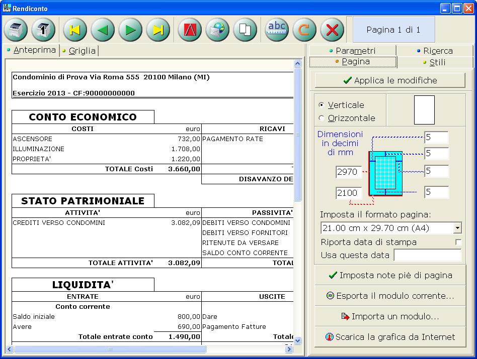 Scheda Pagina. Nella scheda Pagina si possono scegliere il formato pagina ed i margini: Questo formato è valido solo per l'anteprima.