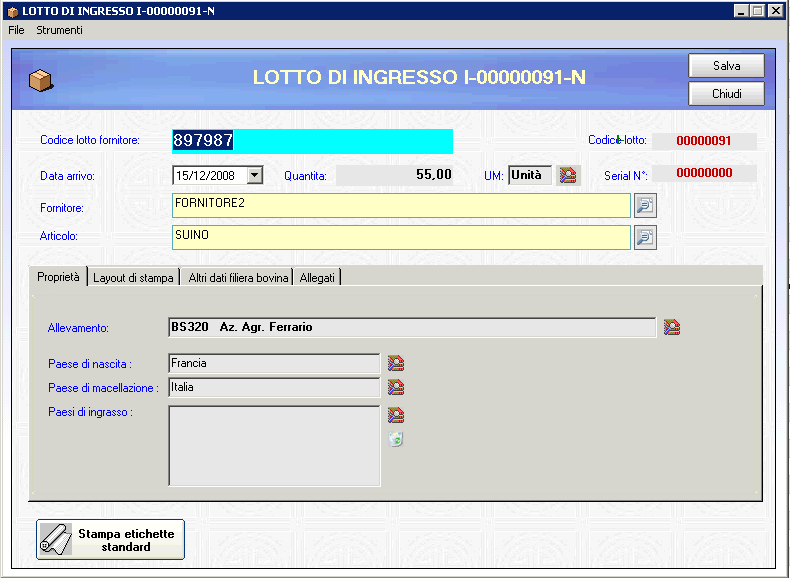 Selezionando un lotto d ingresso e cliccando Modifica si apre la seguente finestra: Modificando i dati e cliccando Salva e Chiudi verrà modificato il lotto d ingresso selezionato altrimenti