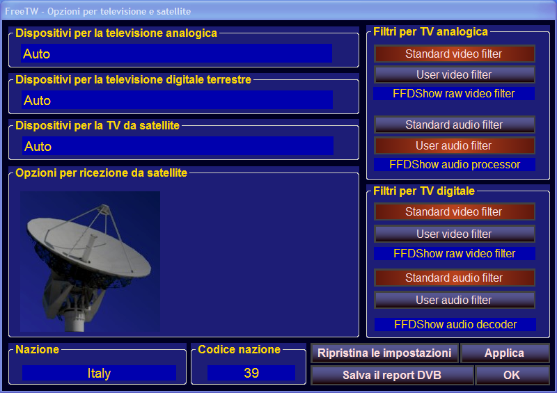 Le opzioni TV Per accedere al pannello opzioni TV si usano i tasti "Modifica", "Opzioni" e "TV" In questo pannello si dovrebbe selezionare solo la nazione, le tre caselle "Dispositivi" dovrebbero