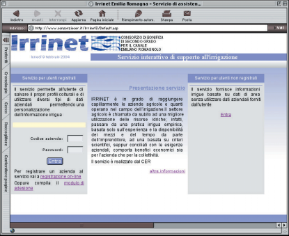 Il sistema IRRINET Irrinet è il servizio di irrigazione gestito dal Consorzio di bonifica per il Canale Emiliano Romagnolo (CER) che diffonde gratuitamente via Internet informazioni irrigue agli