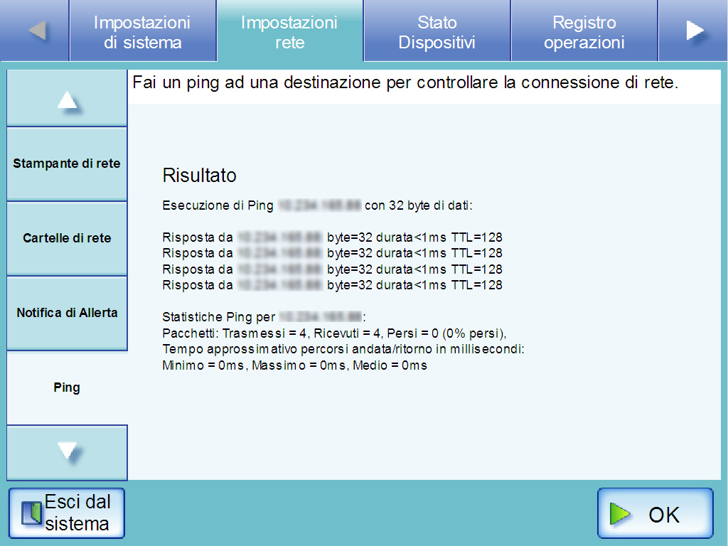 5. Premere il tasto [Ping]. Viene eseguito un test ping e si visualizzano i risultati.