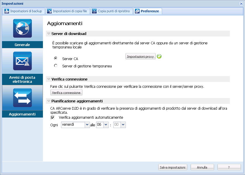 Impostazione delle preferenze Impostazione delle preferenze di aggiornamento CA ARCserve D2D consente di specificare le seguenti preferenze di aggiornamento: Definizione delle preferenze di