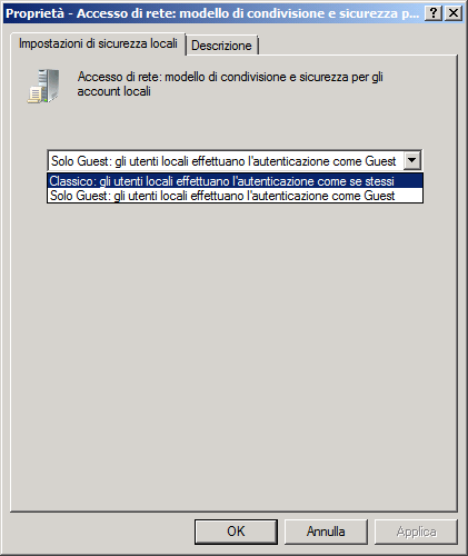 Panoramica sulla risoluzione dei problemi 2. Selezionare Accesso alla rete: modello di condivisione e protezione per gli account locali e modificare il valore da Guest only a Classico.