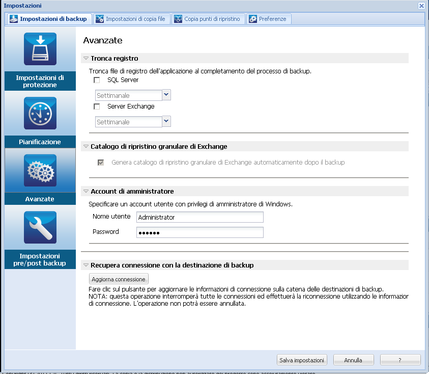 Gestione delle impostazioni di backup Definizione delle impostazioni avanzate di backup CA ARCserve D2D consente di specificare impostazioni avanzate di backup.