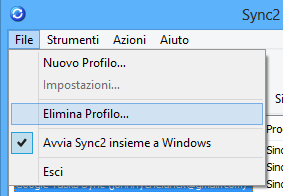 Cancella profilo Se si decide di annullare la sincronizzazione tra PC di un profilo selezionato, aprire la finestra principale di Sync2, selezionare il profilo voluto, andare al Menu File e