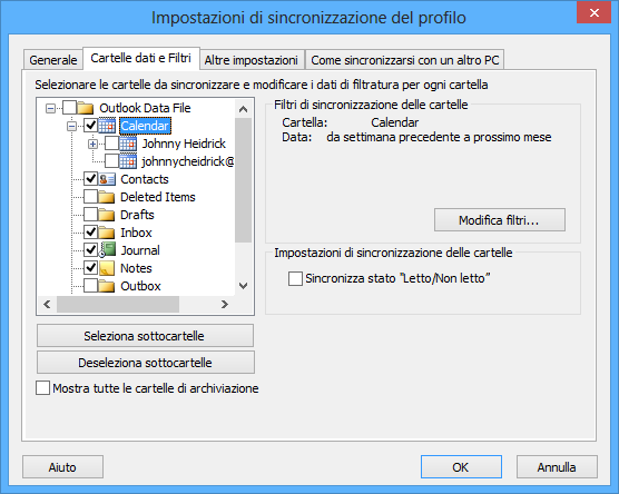 Come aggiungere cartelle a un profilo esistente Se si decide di aggiungere una cartella di Outlook a un profilo sincronizzato esistente: 1.