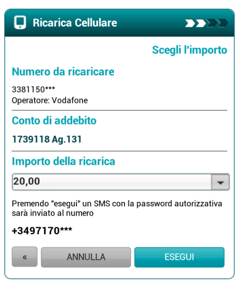 Manuale Utente Carige Mobile 12 Passo 2: selezione importo Importo della ricarica: selezionare l importo da ricaricare.