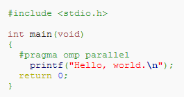 Illustrazione 10: Codice di "Hello World" per il protocollo "OpenMP" Come possiamo vedere il codice è molto simile al classico Hello World per C; l'unica differenza è nella chiamata della direttiva