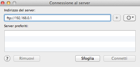 Mac OS X 1. Aprire il menu Vai e fare clic su Connessione al server. 2.