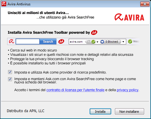 Installazione e disinstallazione Avira SearchFree Toolbar include due componenti principali: Avira SearchFree e la toolbar.