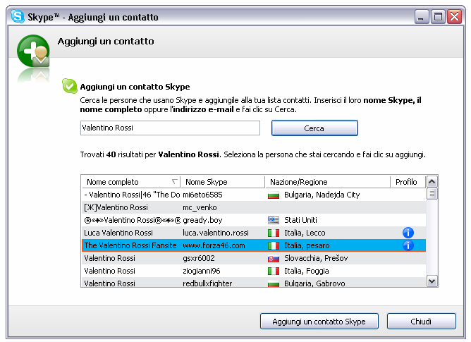 Tra gli utenti, selezionare quello desiderato e cliccare Aggiungi un contatto Skype.