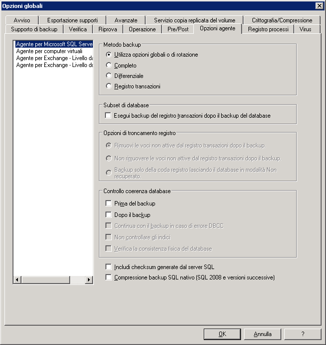 Panoramica del backup Opzioni agente (Opzioni globali) Le opzioni globali/agente (supportate nelle versioni dell'agente in r12.