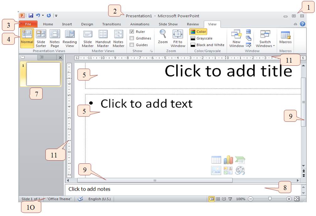 MICROSOFT POWERPOINT 2010 BETA GLI ELEMENTI DELL'INTERFACCIA 1. Pulsanti per manipolazione della finestra riduzione a icona, ingrandimento, chiusura della finestra 2.