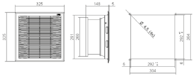 GRUPPO DI VENTILAZIONE Griglie e corpo ventilatori in ABS antiurto, auto estinguente secondo norma UL 94 V0, colore RAL 7035.