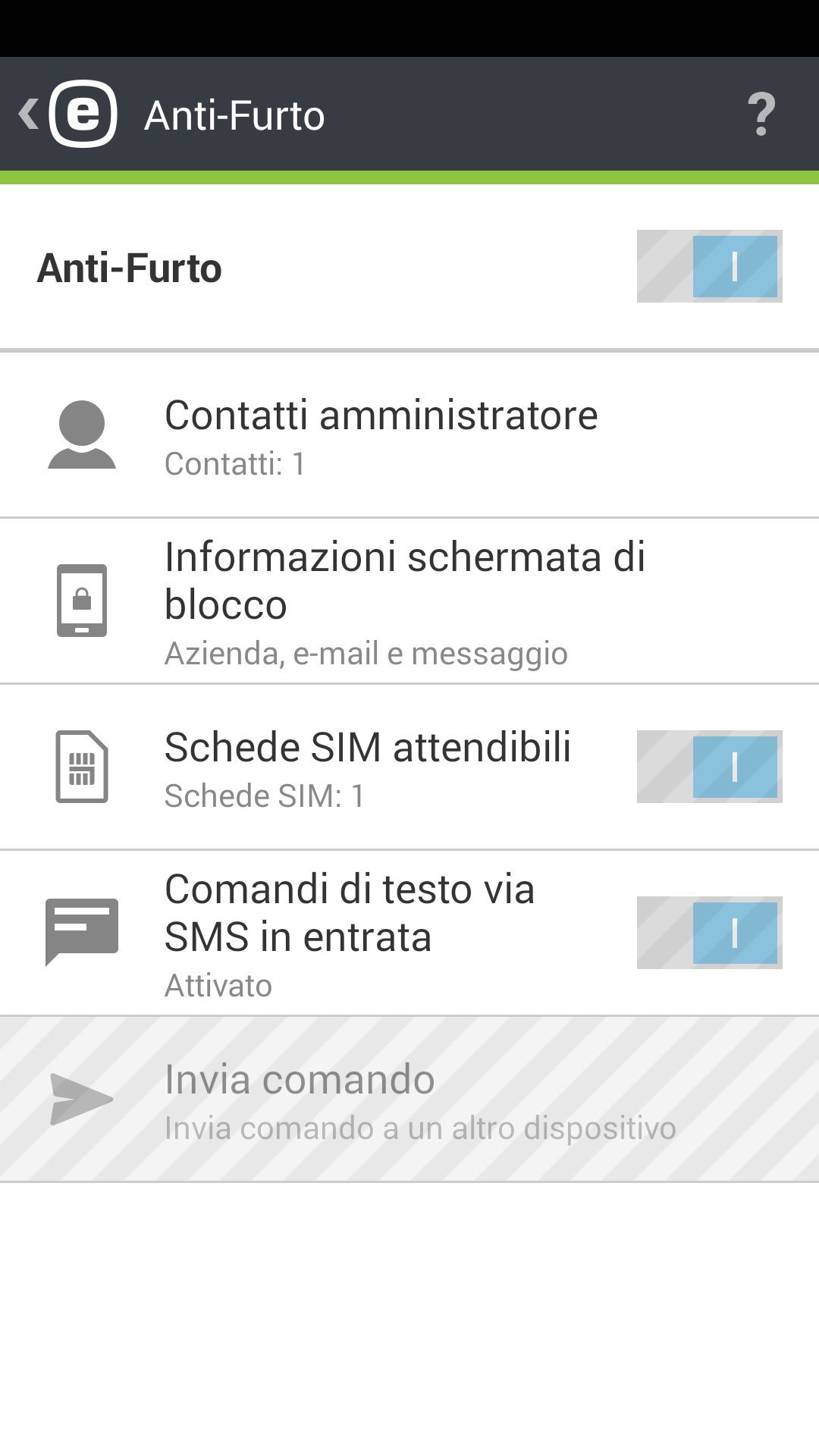 Durante l'esecuzione di comandi tramite SMS, l'amministratore riceve un SMS di conferma dell'invio di uno specifico comando.