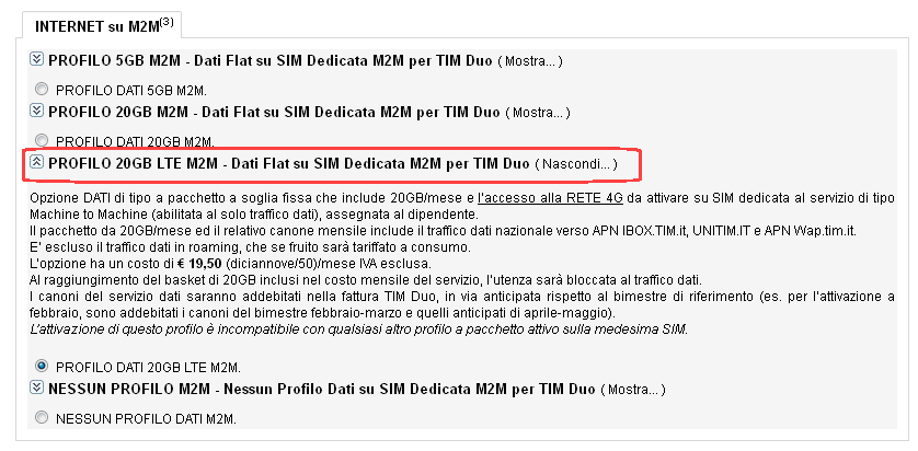 Pulsante Pulsante non si intende utilizzare opzioni per navigare su Internet tramite SIM M2M dedicata.