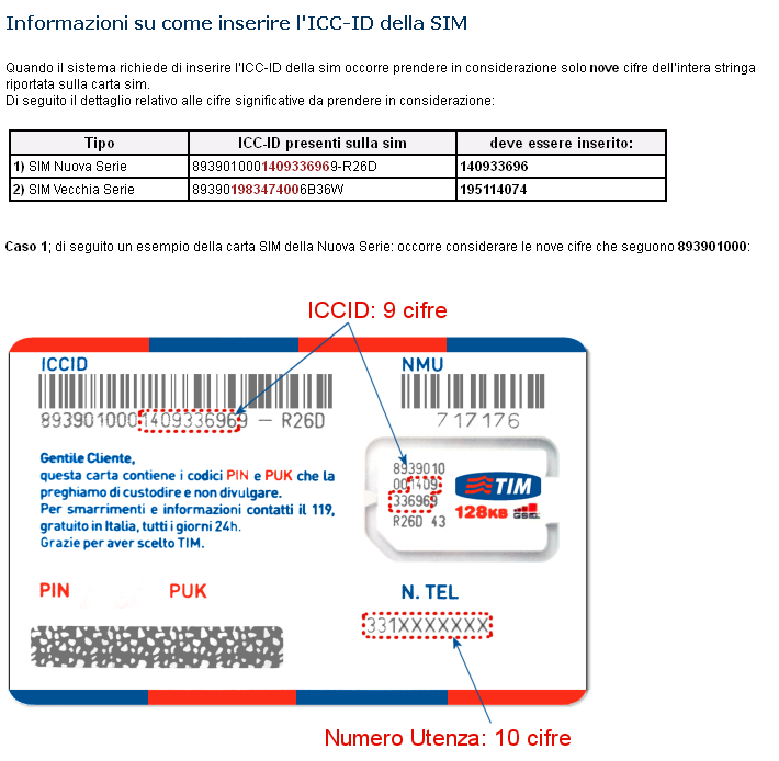 Nella figura che segue un esempio di carta SIM con le indicazioni su come riconoscere l ICC-ID, come