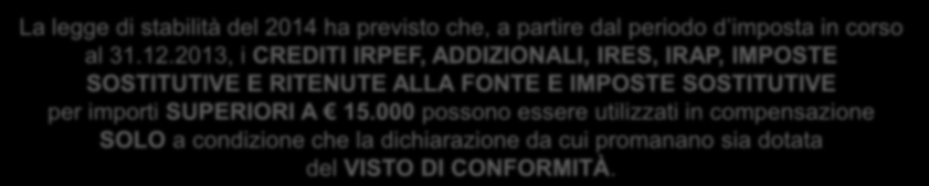 3 Visto di conformità per crediti da imposte dirette La legge di stabilità del 2014 ha previsto che, a partire dal periodo d imposta in corso al 31.12.