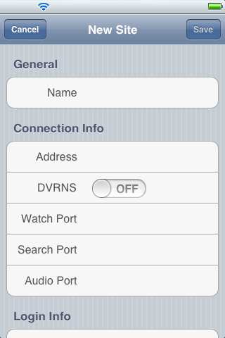 Address (Indirizzo), Watch Port (Porta di monitoraggio), Search Port (Porta di ricerca), Audio Port (Porta audio): Immettere l'indirizzo IP e il numero di porta del DVR.