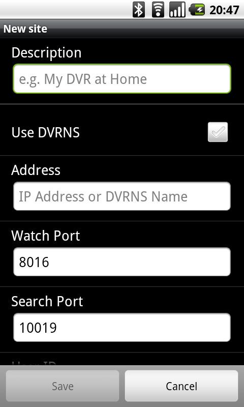 Description (Descrizione): immettere il nome del DVR da utilizzare nel programma RAS Mobile. Use DVRNS (Utilizza DVRNS): se il DVR utilizza la funzione DVRNS, abilitare l'opzione Use DVRNS.