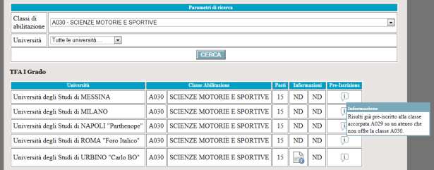 riprodotto nella figura 28 seguente: Figura 28 Il candidato non può pre-iscriversi alla classe A030.