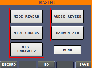 Riquadro MASTER Premendo il pulsante si accede al riquadro che riassume le regolazioni di parametri relativi a funzioni che influenzano sia la riproduzione MIDI che audio.