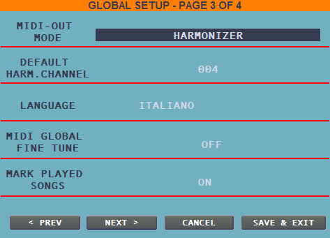 Global Setup pagina 3 su 4 Per selezionare la modalità MIDI out, utilizzando l apposita l interfaccia USB opzionale (non inclusa).