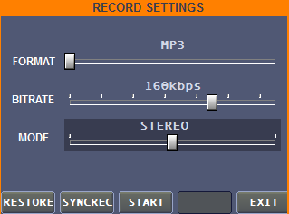 Registrazione stereo in MASTER Successivamente la pressione del tasto RECORD incluso nel riquadro MASTER (tasto MAST) si accede al riquadro contenente i parametri relativi alla registrazione stereo.