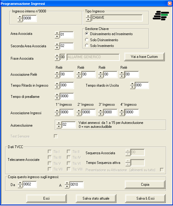 Inoltre ad un ingresso programmato come chiave gli si deve selezionare l azione che deve eseguire ogni volta che si trova nello stato di allarme: sia inserimento che disinserimento, solo