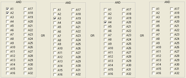 La funzione logica risulta verificata quando almeno uno dei gruppi di aree è in allarme. La funzione logica dell esempio precedente è (A1&A2) OR (A3&A5&A7) OR A4.
