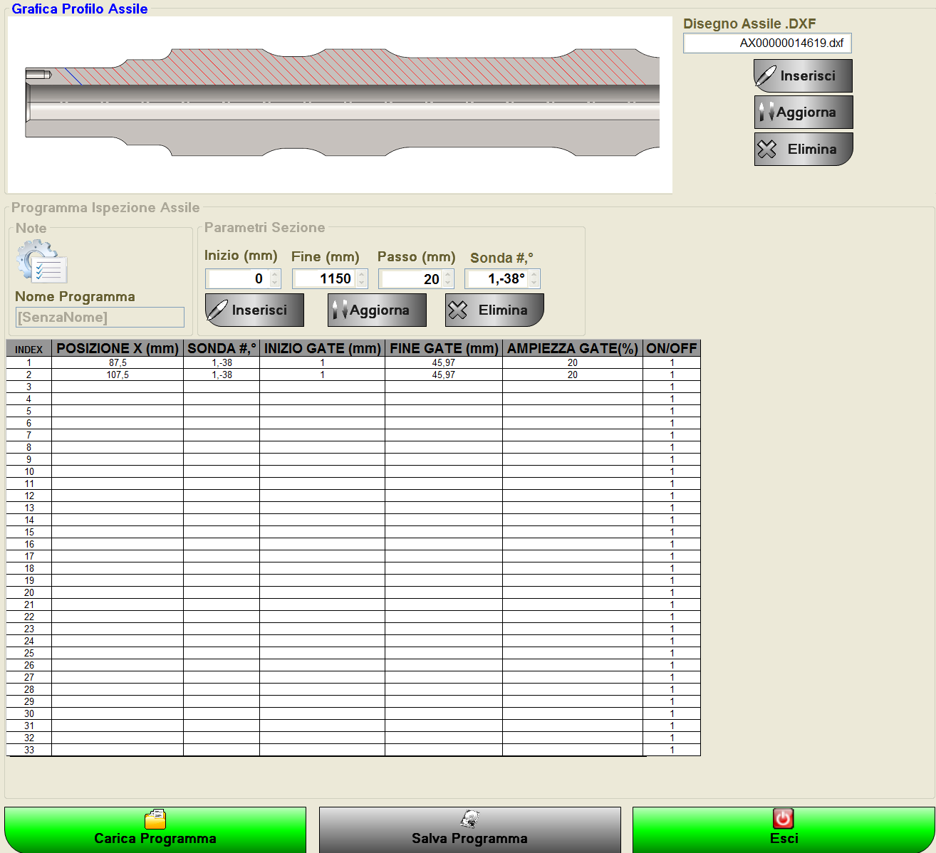 Funzioni Speciali (Piano Ispettivo) Caricamento assile da file CAD Definizione parametri ispezione (inizio,fine,passo, tipo sonda) Compilazione automatica tabella dei