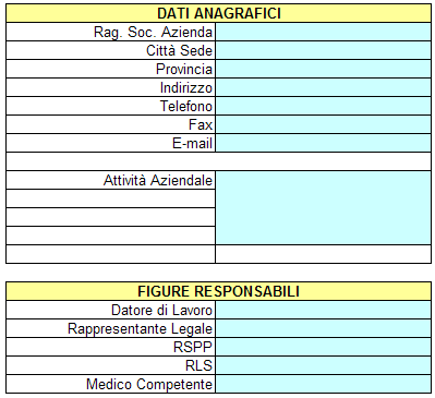 DATI AZIENDALI In questo foglio di lavoro è possibile inserire i principali dati anagrafici dell azienda e le figure responsabili principali.