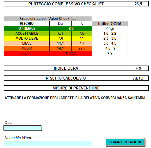 Anche le Misure di prevenzione vengono riportate automaticamente, in funzione di quanto indicato nel foglio di lavoro Dati Aziendali e Settaggi.