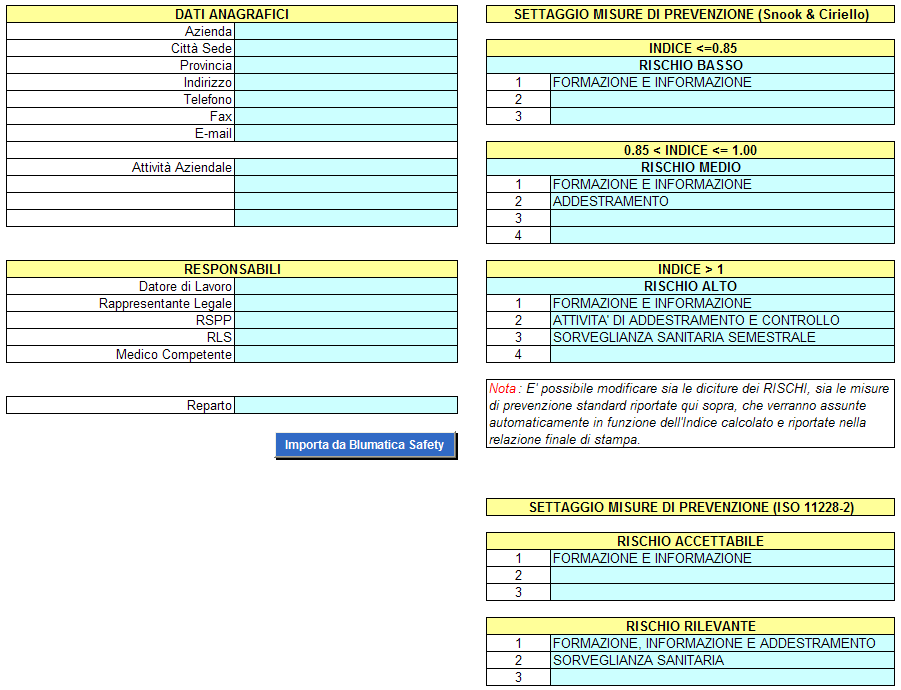 DATI AZIENDALI E SETTAGGI In questo foglio di lavoro è possibile inserire, nella parte di sinistra, i principali dati anagrafici dell azienda, che verranno riportati automaticamente nella relazione