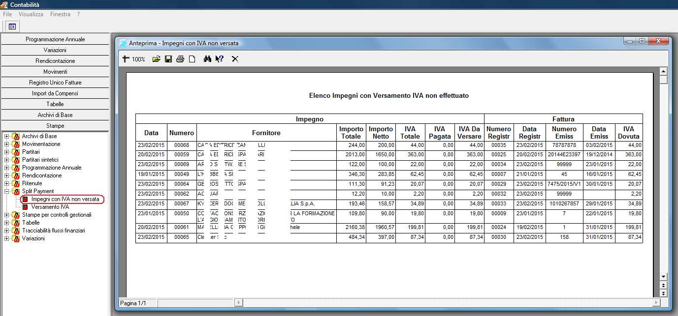 menu Stampe / Split payment / Elenco impegni con IVA non versata Per procedere più speditamente all'emissione del mandato di VERSAMENTO IVA è utile individuare gli impegni per i quali non è ancora