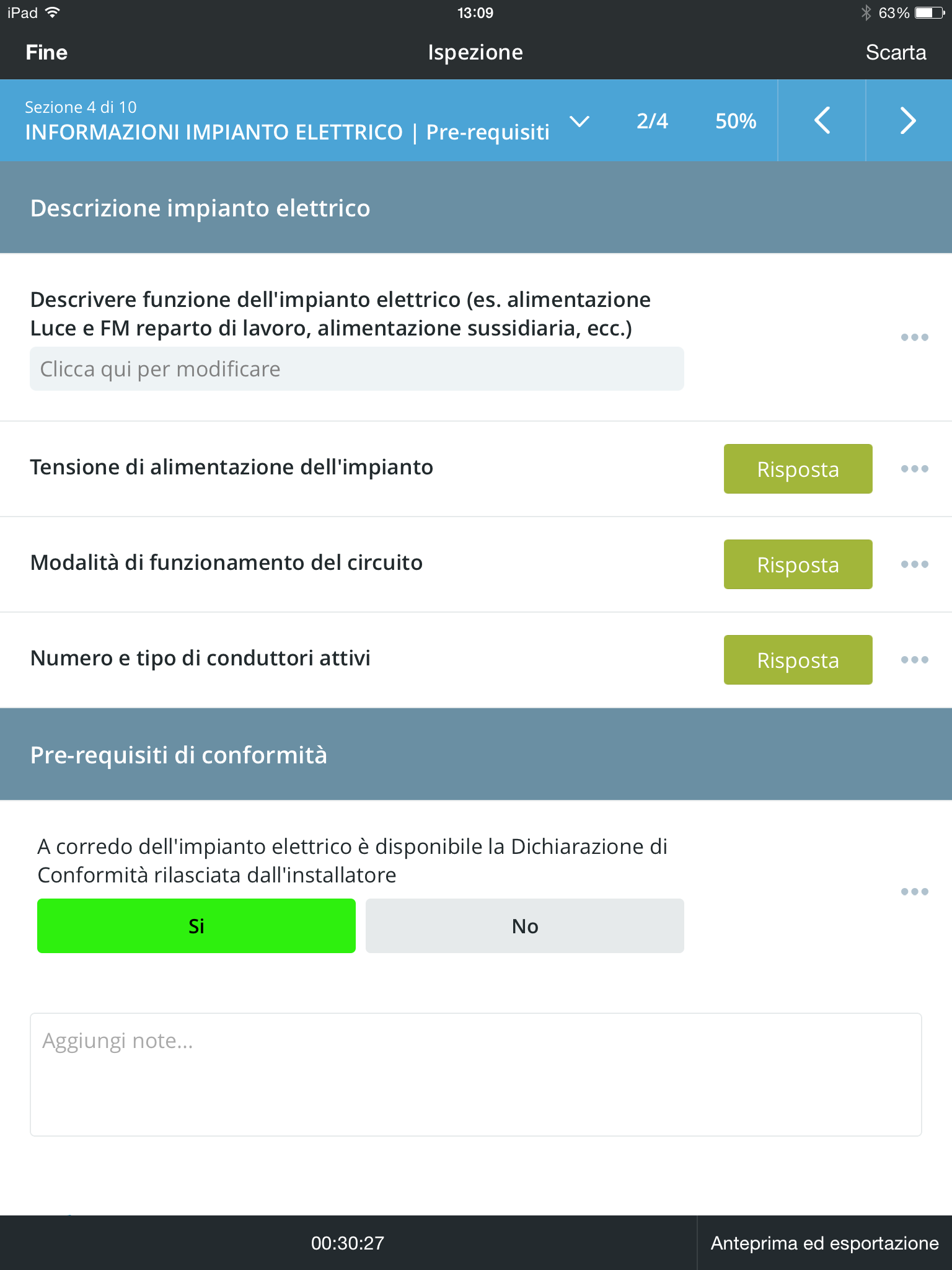 4 - INFORMAZIONI IMPIANTO ELETTRICO: PRE-REQUISITI La quarta sezione richiede una breve descrizione dell'impianto, questo al fine di poter bene individuare se il controllo si riferisce all'intero