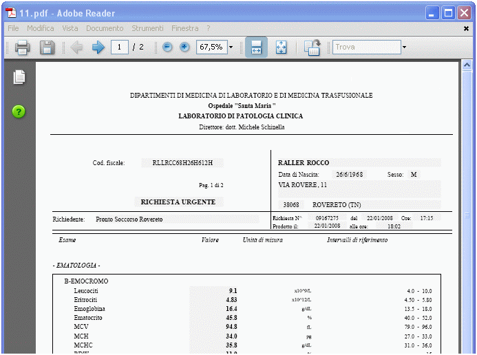 Affianco al referto sarà presente il link Documento per visualizzare completamente il documento cartaceo integrale fornito al paziente: Figura 16 Qualora il codice dell esame refertato sia