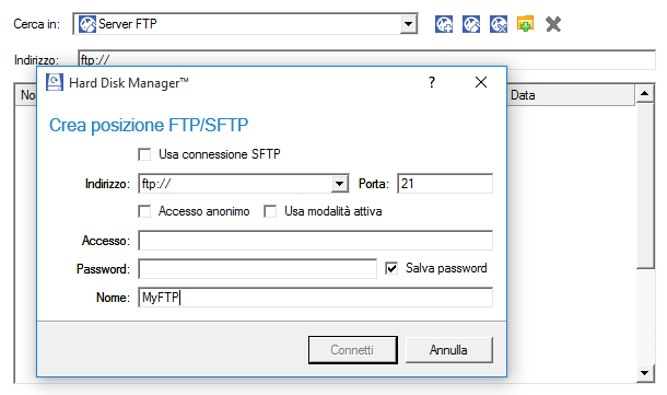 50 6. Fare clic sul pulsante Crea una posizione FPT per configurare i parametri per la posizione SFTP richiesta. - Usa connessione SFTP.