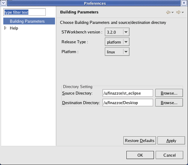 Figura 2: Remote Builder Preference Page Il settaggio dei parametri é reso possibile da una pagina delle preferenze, ogni parametro inserito, viene memorizzato tramite un meccanismo di