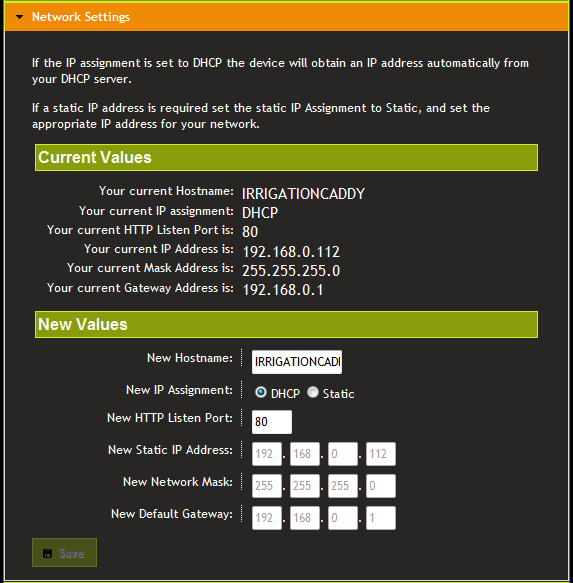 Impostazioni della rete Questa sezione permette di visualizzare le attuali impostazioni di rete e di impostare l'hostname, il settaggio dell'indirizzo IP statico o DHCP, il numero della porta, il